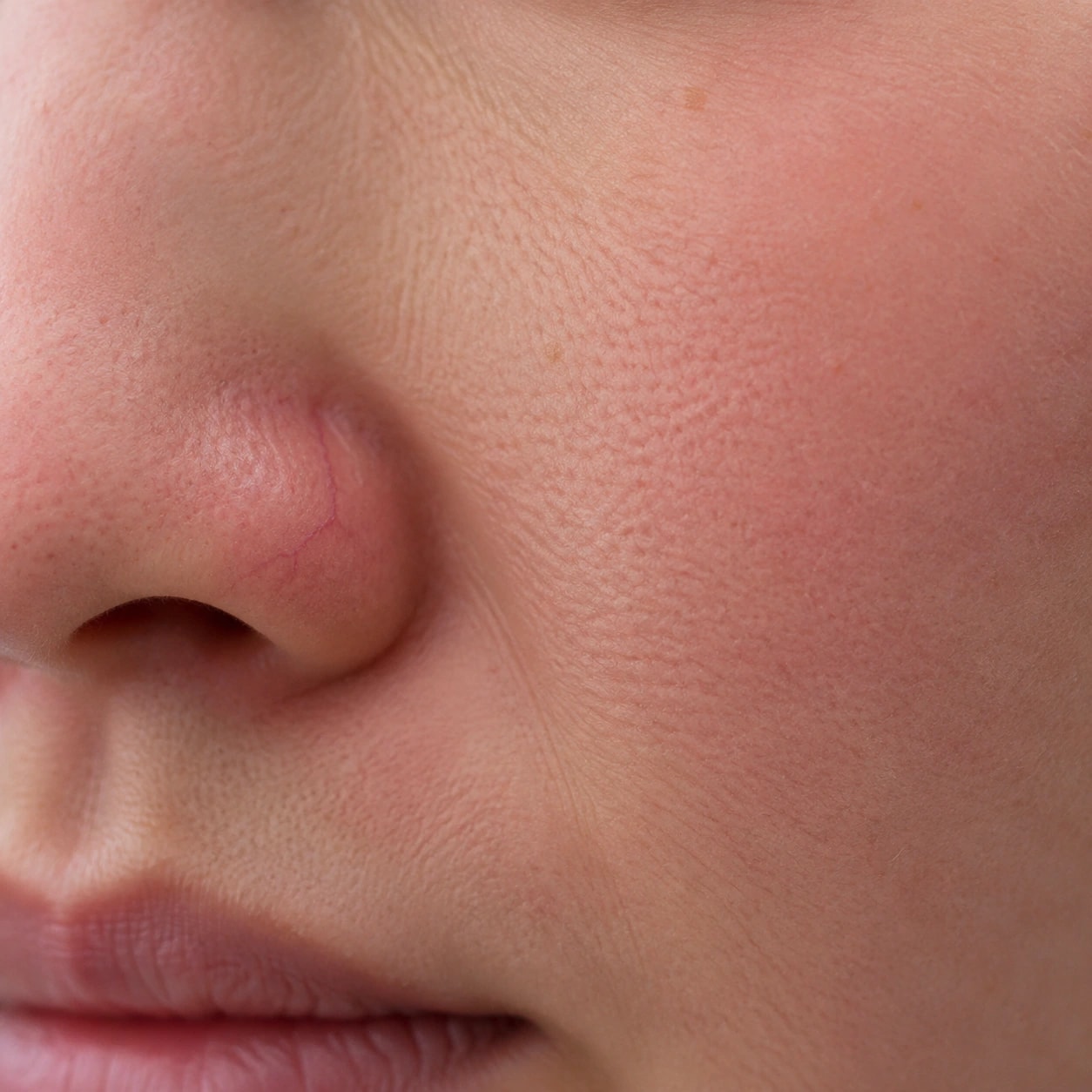 Close-up of a nose, cheek and upper lip showing subtle, uneven redness
