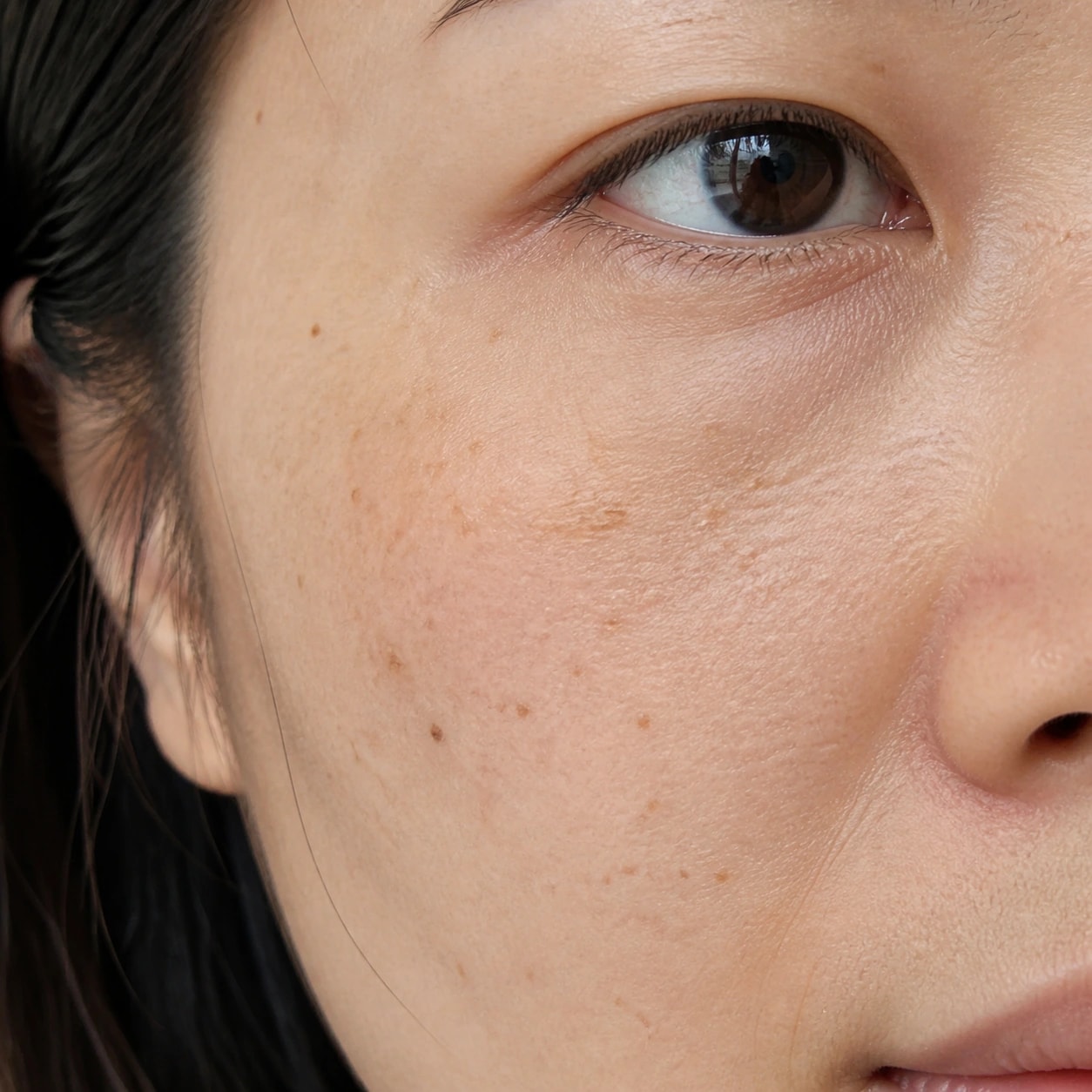 Close-up of an eye, cheek and nose showing freckles, fine lines and natural skin texture