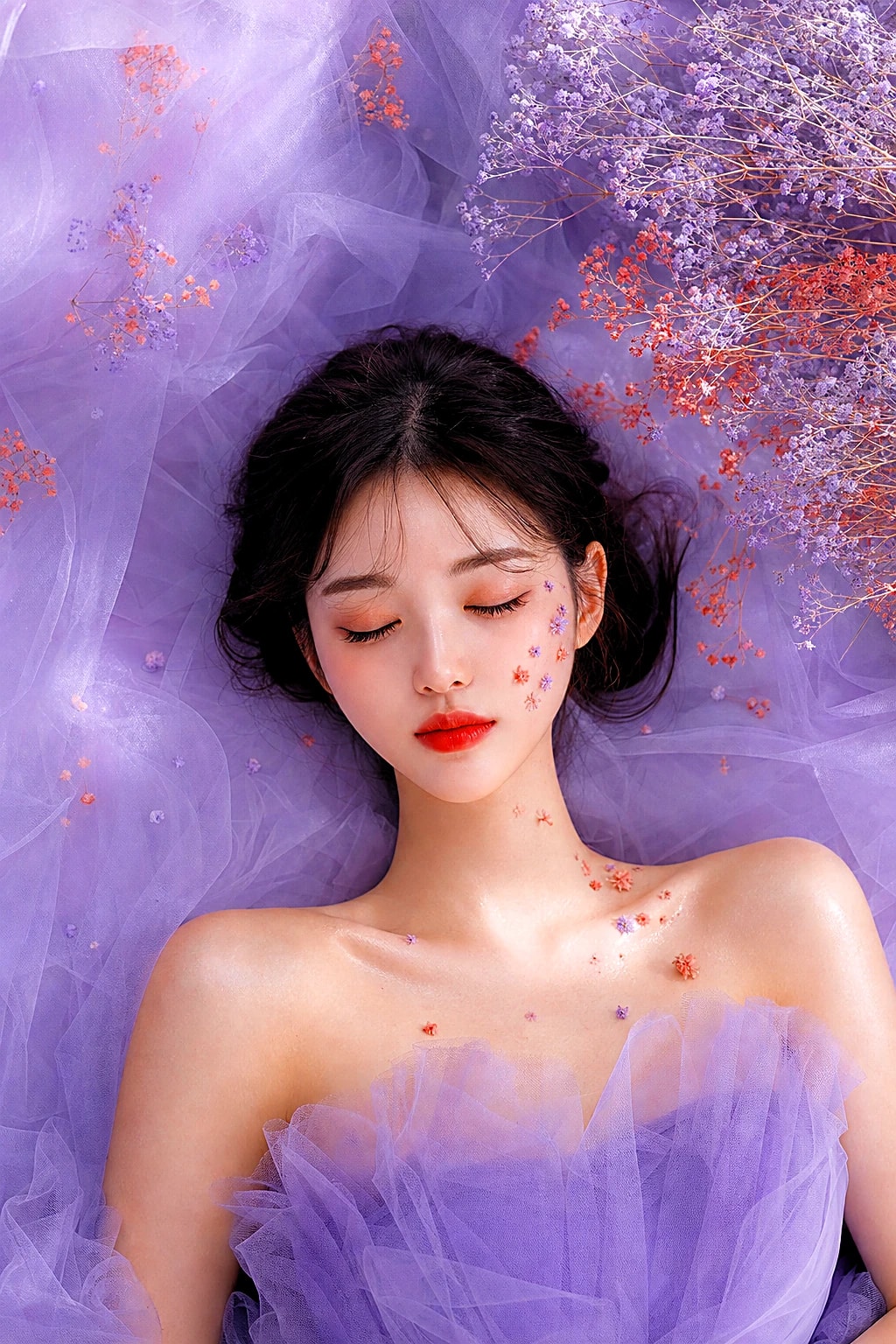A person lying with eyes closed, small dried blossoms resting on the cheek and brow