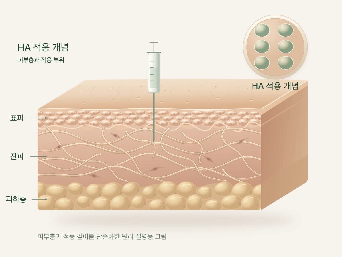 주입 제품이 피부 안쪽에 적용되는 모습을 그린 피부 단면