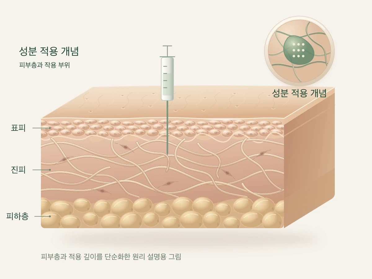 주입 제품이 피부 안쪽에 적용되는 모습을 그린 피부 단면