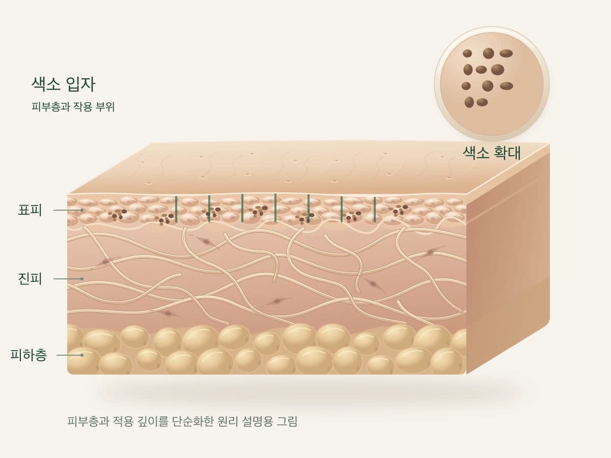 레이저 빛이 피부의 색소에 닿는 모습을 그린 피부 단면